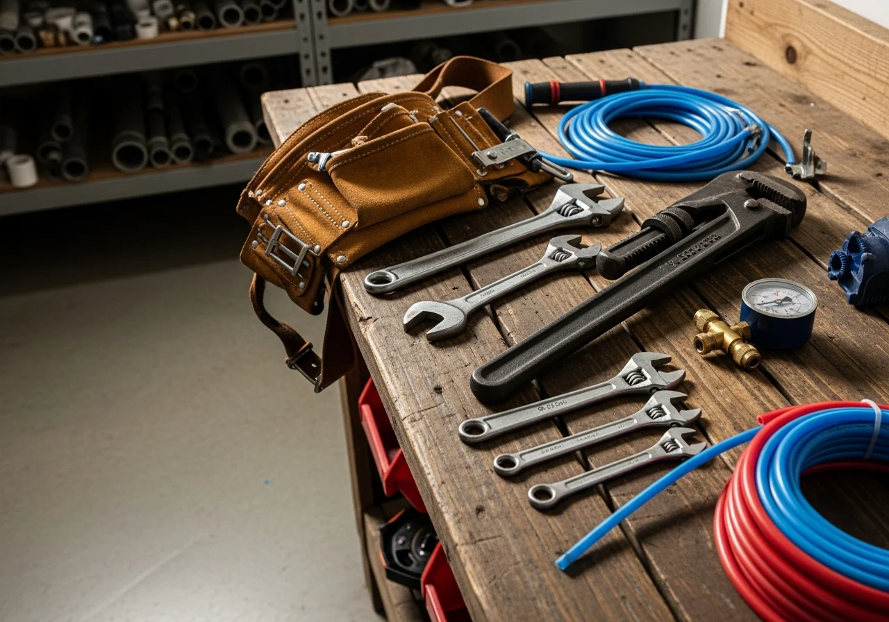 Professional plumbing tools and equipment arranged on a work surface, representing the trade expertise and service readiness of a local contractor.