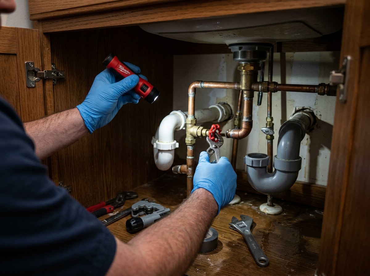Licensed plumber inspecting bathroom fixtures and supply lines in a Sapulpa, OK home