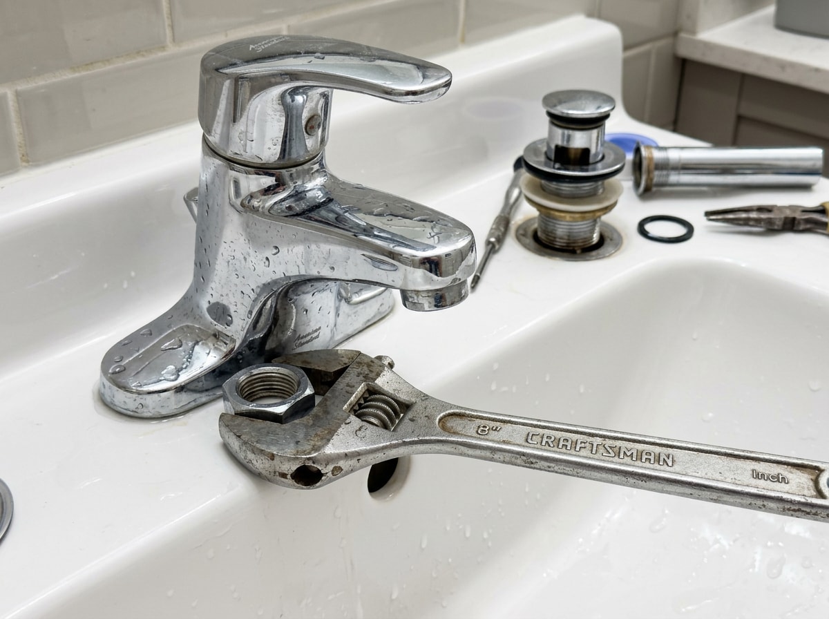 Close-up of a bathroom faucet and drain being repaired by a plumber