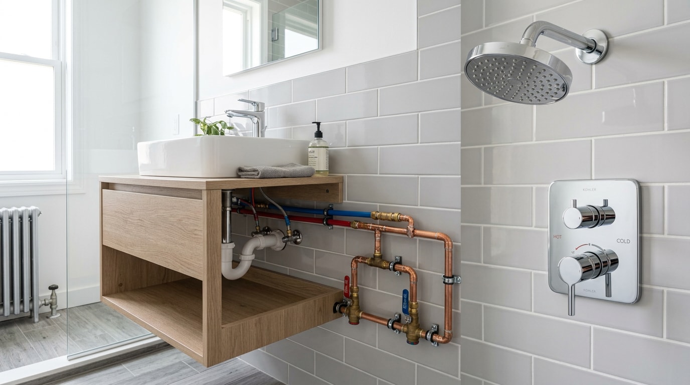 Completed bathroom plumbing installation showing shower valve and sink supply lines in a Sapulpa, OK home