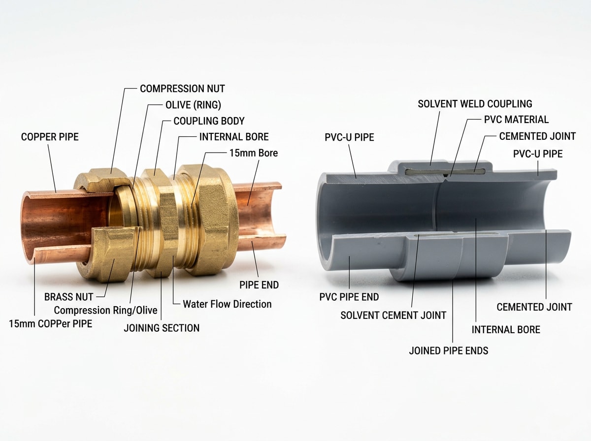 Labeled diagram showing a pipe coupling joining two pipe ends