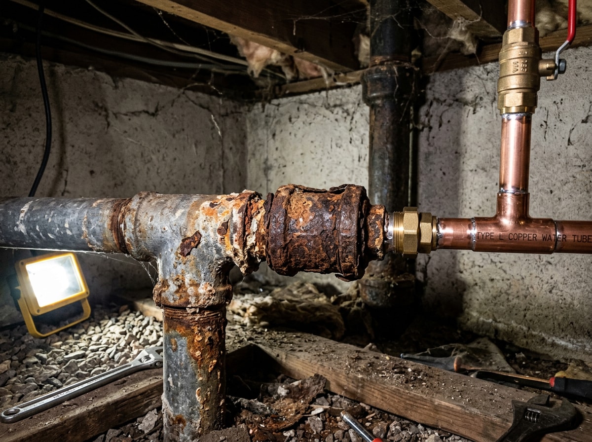 Plumber inspecting and repairing a corroded pipe coupling joint