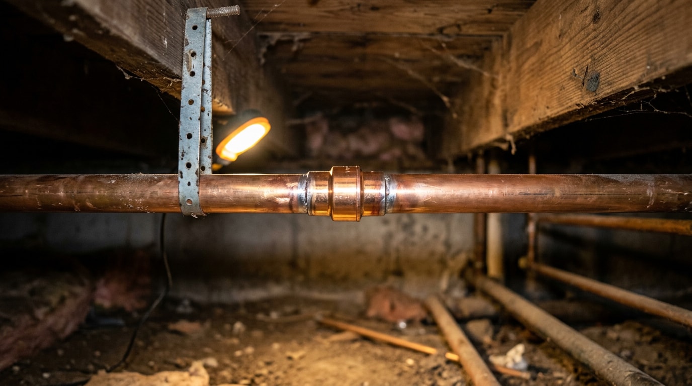 Freshly installed copper pipe coupling joint in a residential crawlspace Freshly installed copper pipe coupling joint in a residential crawlspace