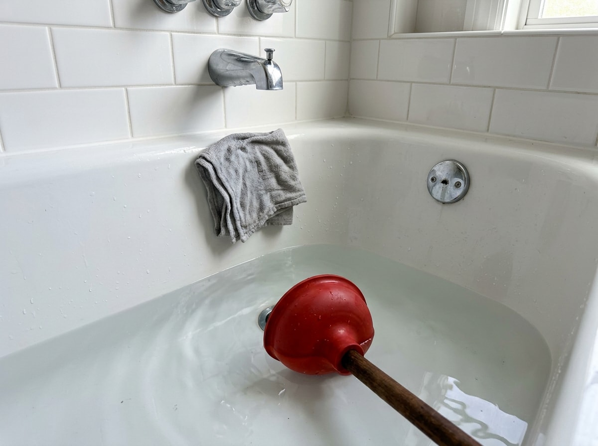 Plunger sealed over a bathtub drain with the overflow plate covered by a wet rag