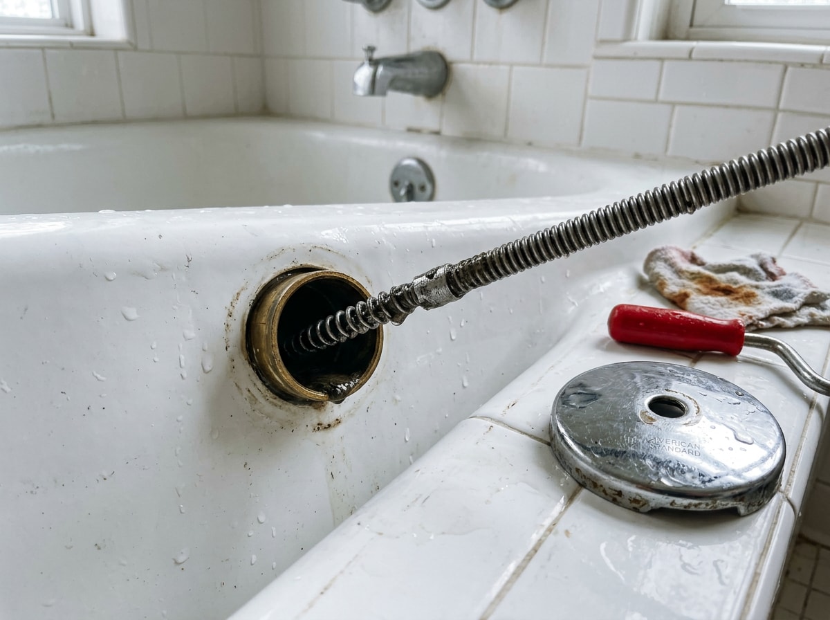 Plumbing snake being fed through a bathtub overflow opening to clear a deep clog