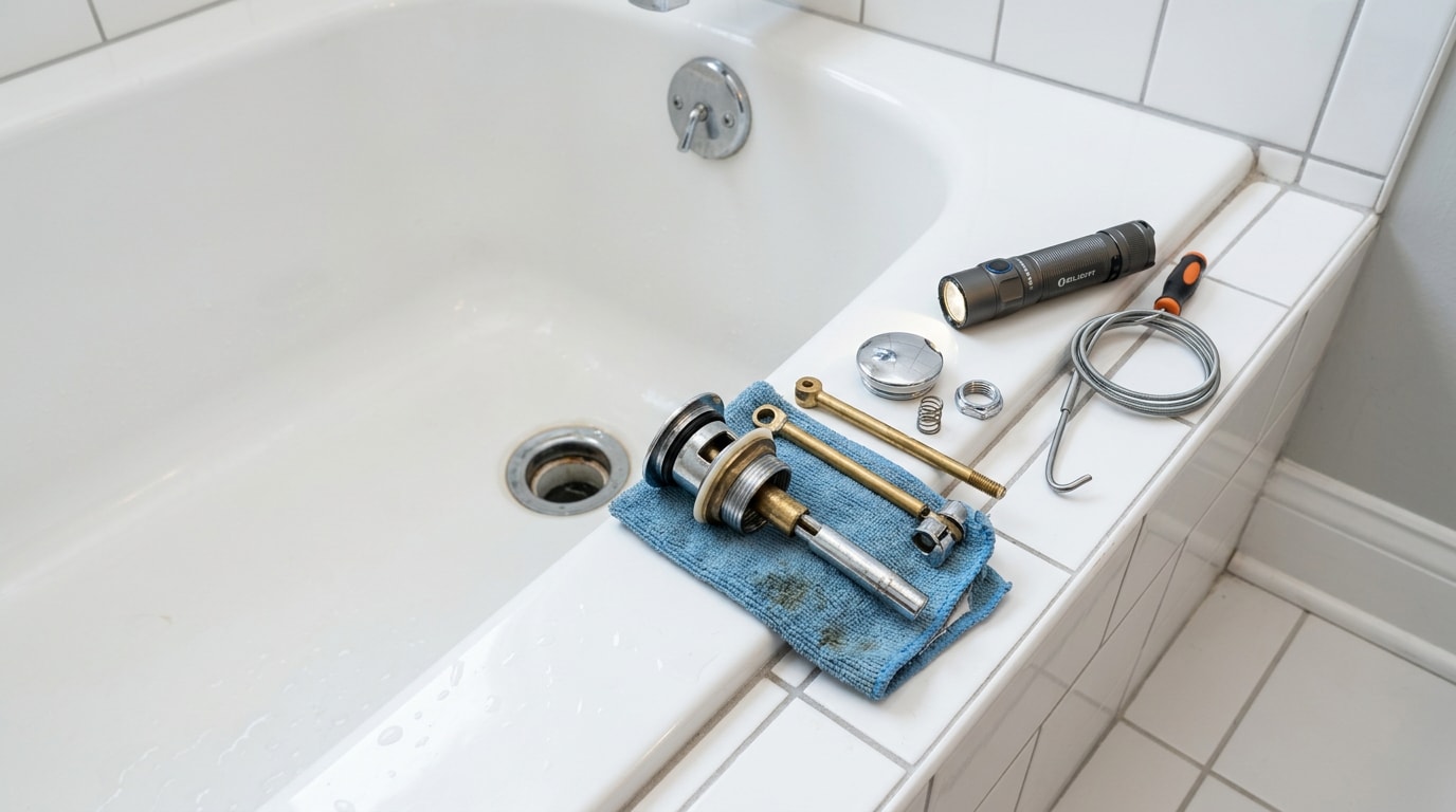 Bathtub drain stopper and tools laid out for a DIY clog removal in a Tulsa, OK bathroom Bathtub drain stopper and tools laid out for a DIY clog removal in a Tulsa, OK bathroom