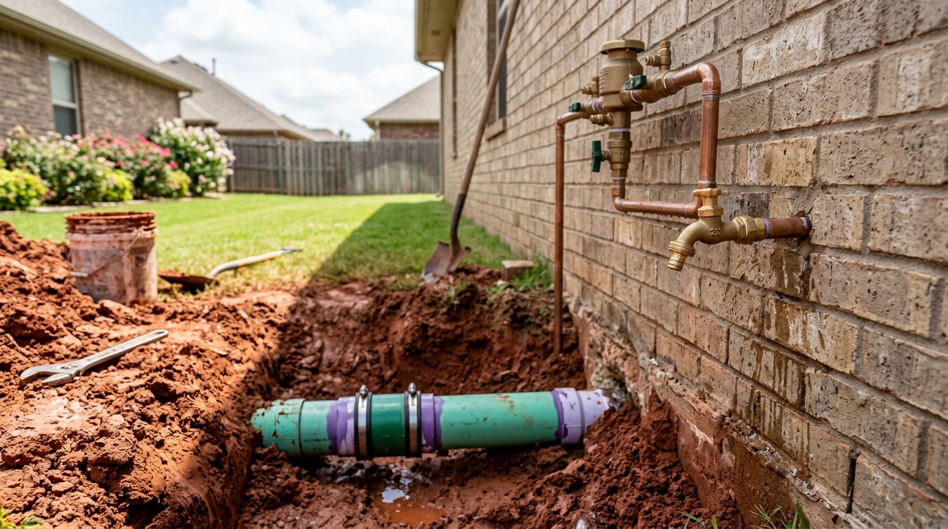 Outdoor plumbing repair trench and backflow preventer in a Glenpool, OK backyard