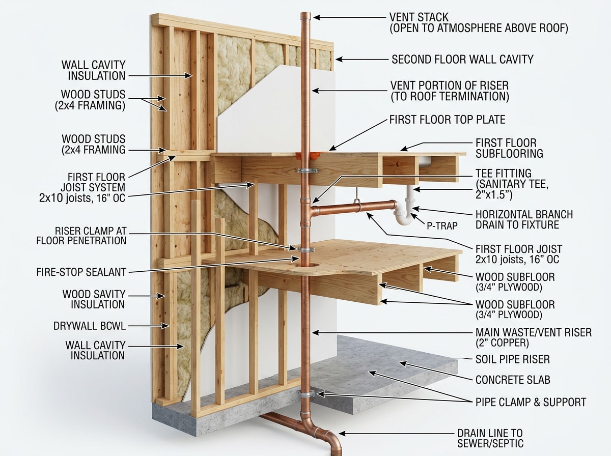 Labeled diagram of a plumbing riser showing vertical pipe running between floors of a home