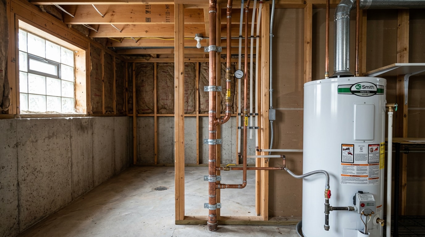 Vertical copper plumbing riser pipe running through a home's basement utility area