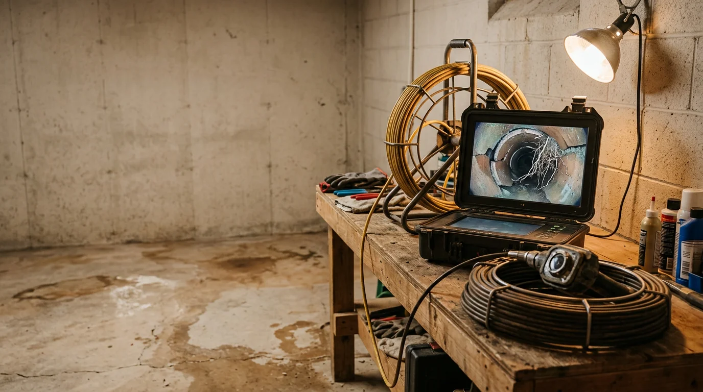 A plumber feeding a flexible camera cable into a drain cleanout at a Tulsa residential property. The monitor beside the technician displays live footage of the interior of an aging clay pipe showing root intrusion and joint separation.