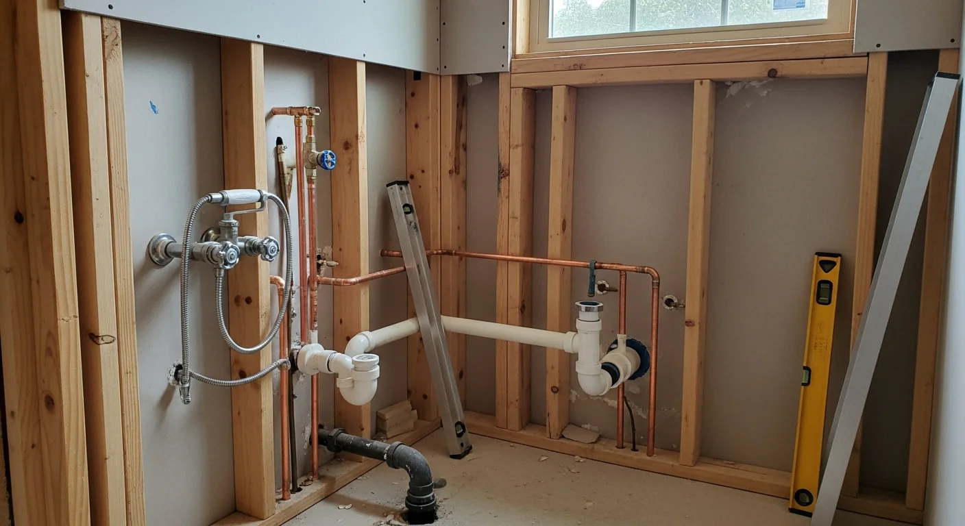 A licensed plumber installing new supply lines and drain rough-in during a bathroom remodel in a Tulsa home. The subfloor is open, showing updated copper supply connections and a repositioned drain for a walk-in shower.