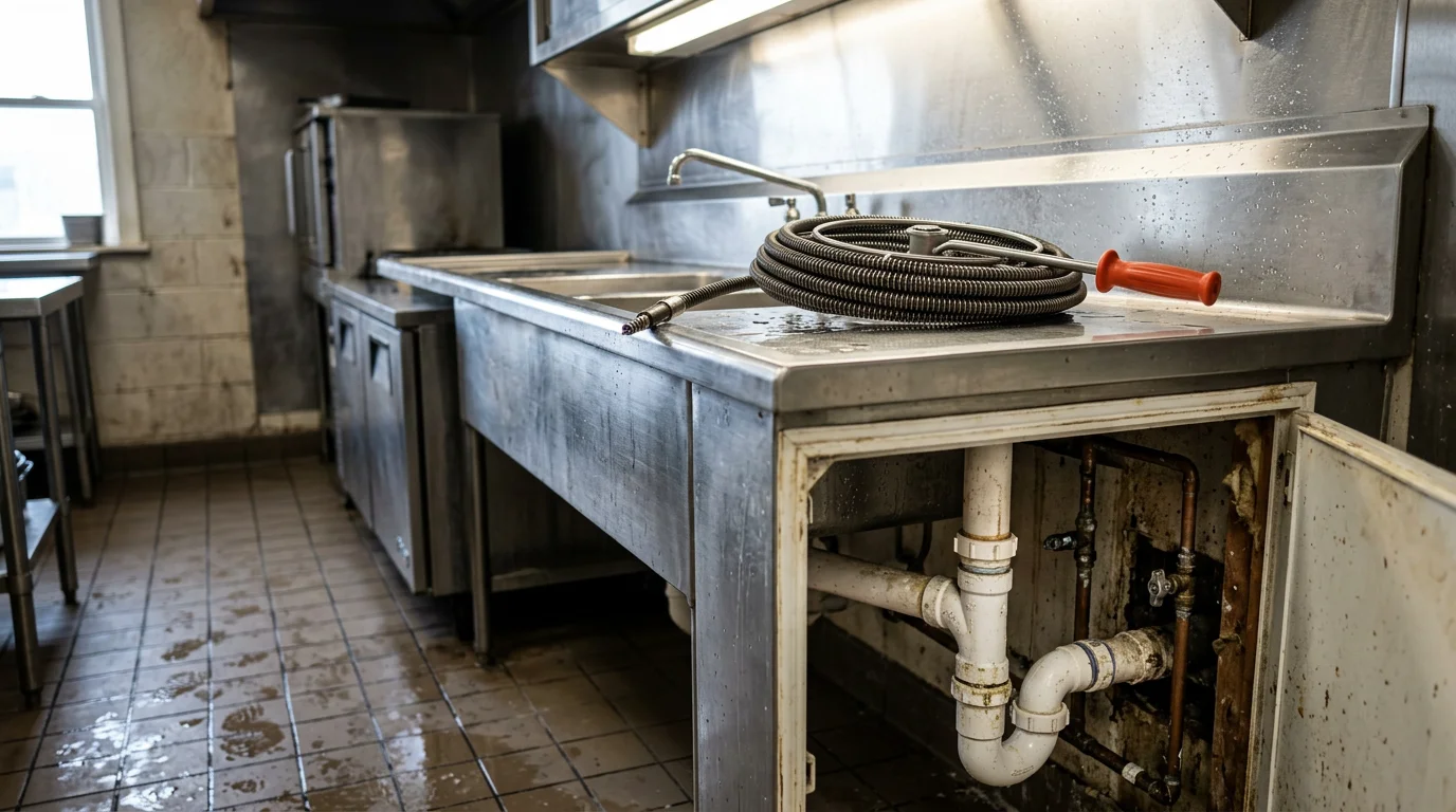 A plumber inspecting commercial pipe connections beneath a sink in a Tulsa business. The image shows exposed supply and drain lines in a commercial setting with professional tools visible.
