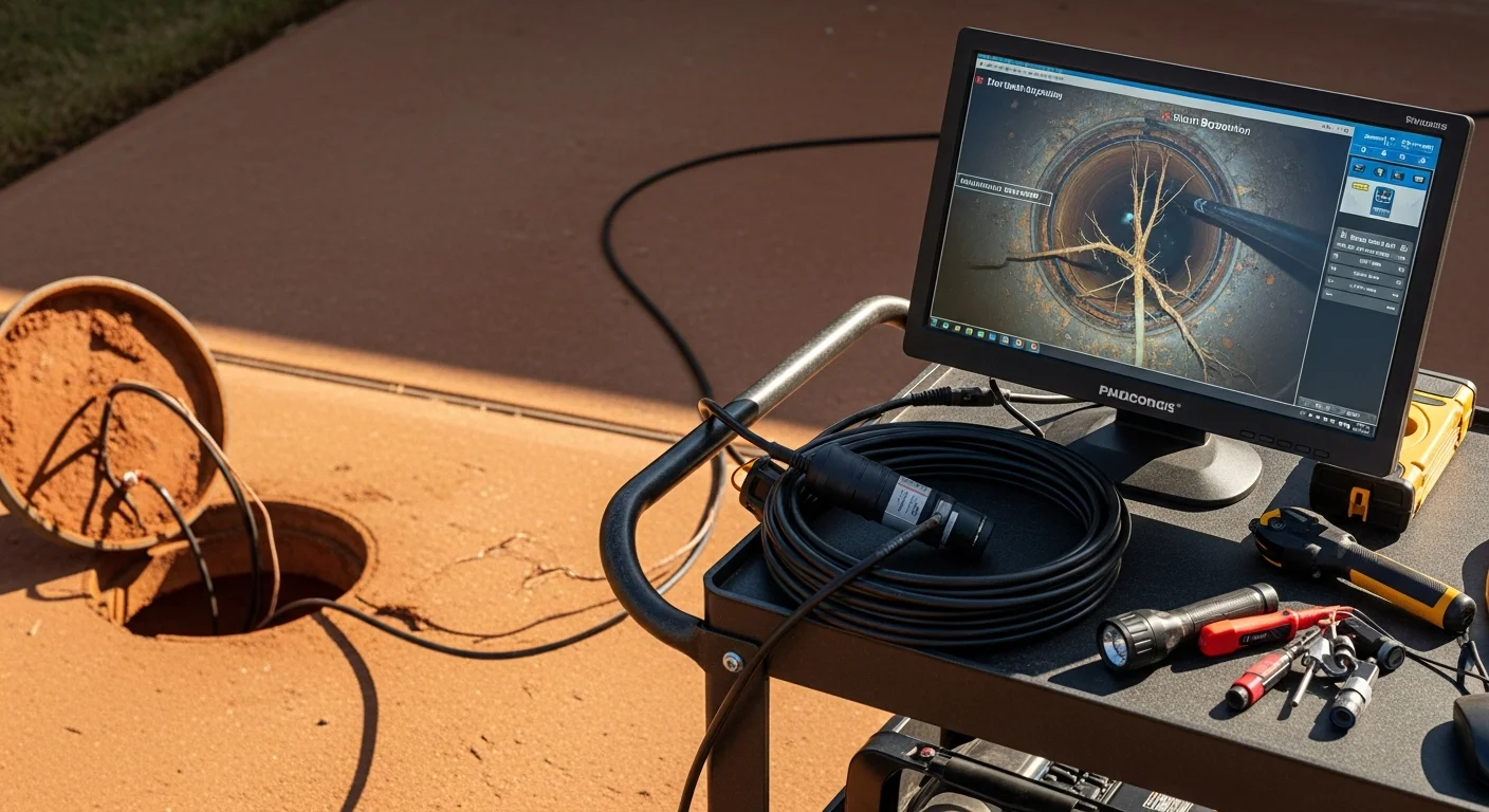 A plumber feeding a flexible camera cable into a residential drain cleanout at a Tulsa home. The monitor beside the plumber displays a live view of the interior of an aging clay pipe with visible root intrusion and joint separation.