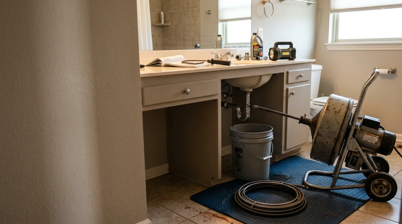 A plumber clearing a clogged drain line in a Tulsa home, with drain cleaning equipment visible at the access point. The pipe interior shows buildup consistent with older residential plumbing common across the Tulsa area.
