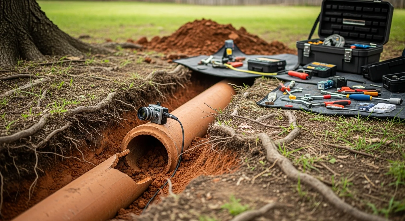 A licensed plumber from King Plumber Tulsa inspecting an exposed residential drain pipe showing root intrusion and joint separation in a Tulsa backyard. Clay soil is visible around the excavated pipe section.