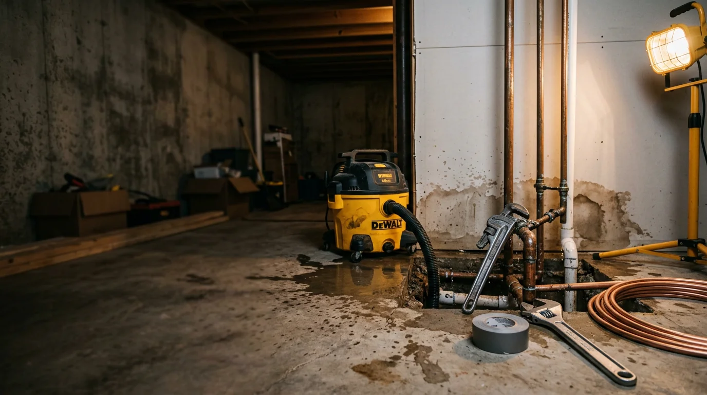 A plumber repairing a burst pipe beneath a residential sink in a Tulsa-area home, with water shut off and tools laid out on the floor. The repair is mid-process, showing exposed pipe connections in a tight under-cabinet space.