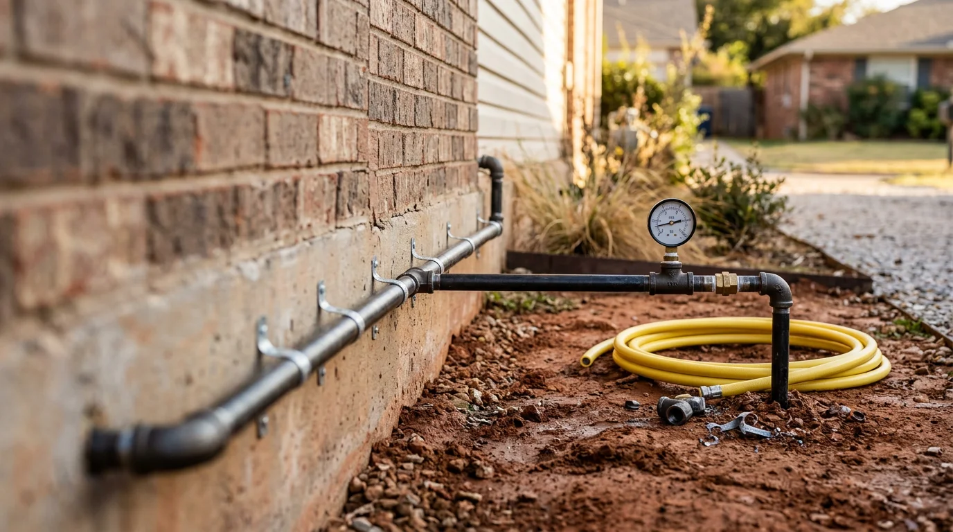 A plumber inspecting a residential gas line connection beneath a kitchen appliance in a Tulsa-area home. The image shows exposed pipe fittings and a shutoff valve in a clean, well-lit utility space.