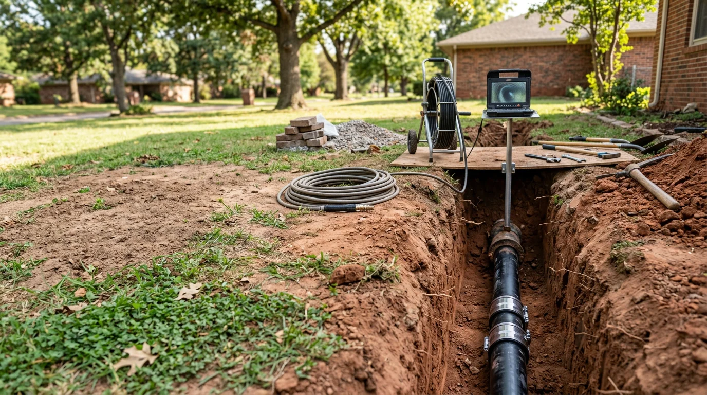 A plumber inspecting an excavated sewer line in a Tulsa residential yard, with Oklahoma red clay soil visible around the exposed pipe. The image shows a cracked clay sewer pipe with visible root intrusion being assessed for repair or replacement.