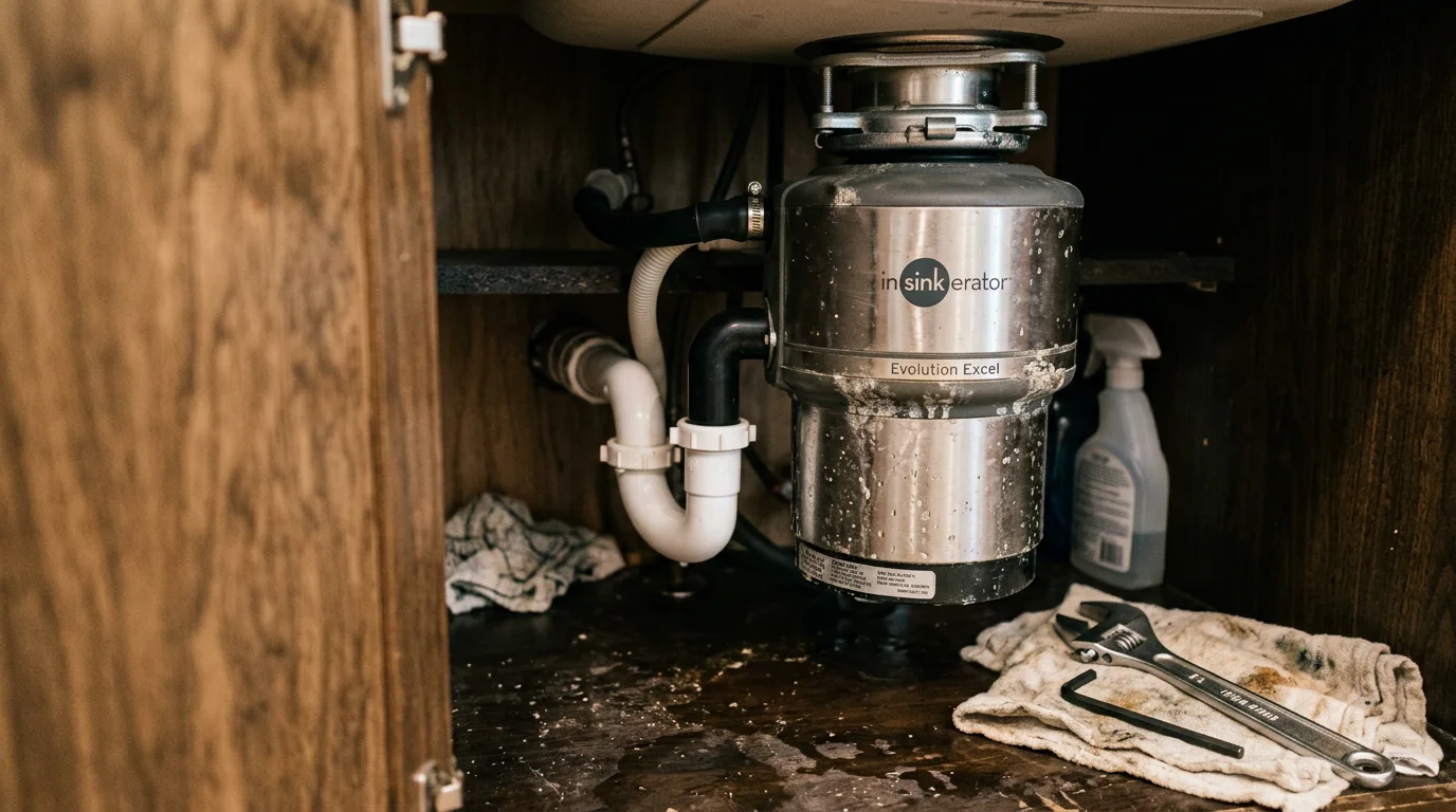 A plumber inspecting a garbage disposal unit mounted under a kitchen sink in a Tulsa home. The under-sink cabinet is open, showing the disposal, drain connections, and plumbing lines.