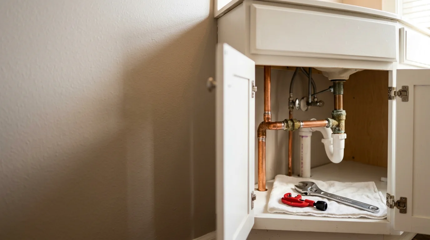 A plumber inspecting exposed pipes beneath a kitchen sink in a Tulsa area home, with tools laid out on the cabinet floor. The image shows a hands-on general plumbing repair in progress in a residential setting.
