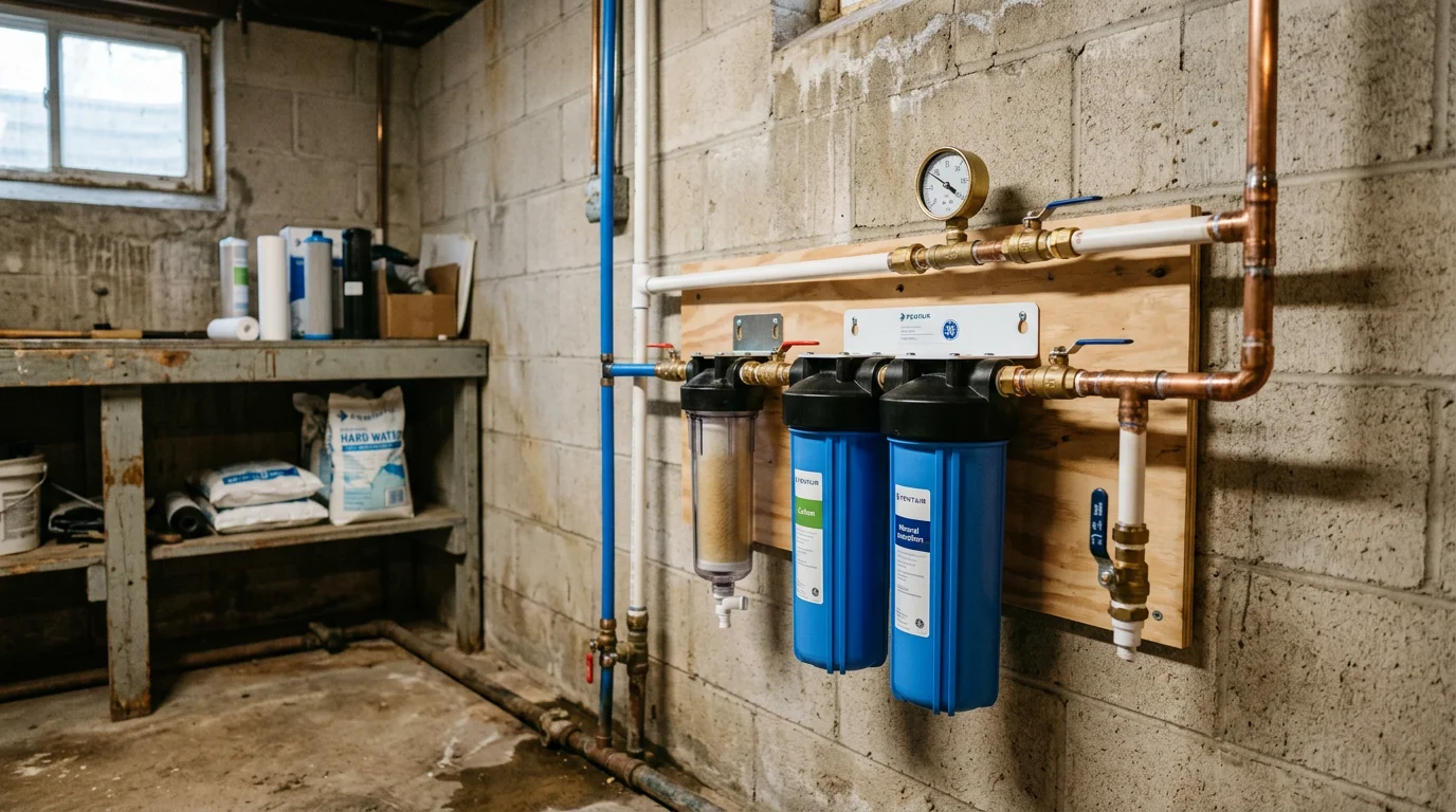 A whole-house water filtration system installed on the main water line inside a Tulsa home. The unit sits neatly along the wall near the water heater, with clean copper connections and shutoff valves visible.