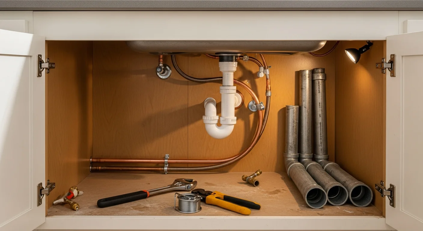 A Tulsa kitchen after plumbing remodel showing a newly installed undermount sink with updated supply and drain lines set into fresh cabinetry. A licensed plumber from King Plumber Tulsa connects the final fixture fittings beneath the counter.