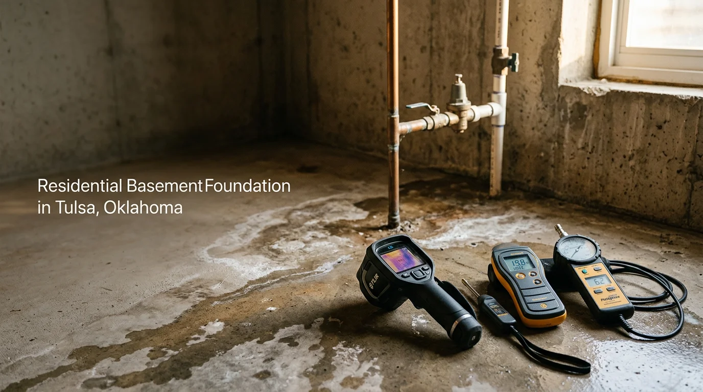 A plumber inspecting a concrete slab floor in a Tulsa home for signs of an active water leak. Water staining is visible near the base of an interior wall, showing early leak damage on a slab-foundation property.