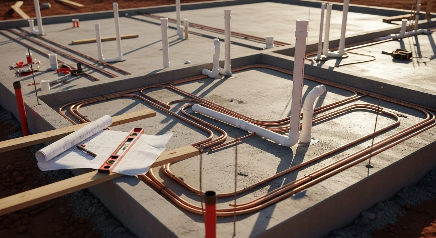 A licensed plumber installs underground drain-waste-vent rough-in piping inside a new construction slab foundation on a residential job site in Tulsa, Oklahoma. Trenched pipe runs are visible before concrete pour, with inspection access points in place.