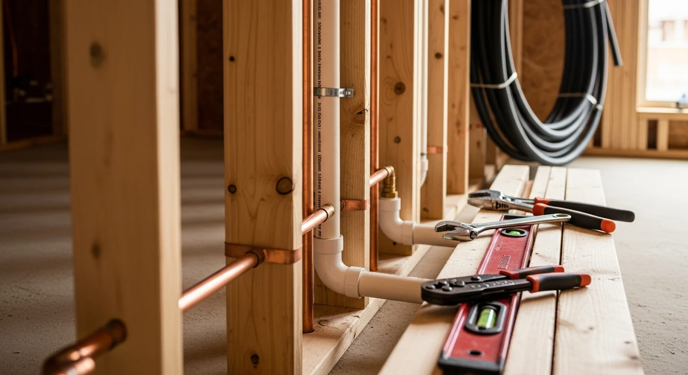 Licensed plumber installing drain-waste-vent rough-in pipes inside the open wall framing of a Tulsa residential new construction home. Supply lines and pipe stubs are visible before drywall installation.