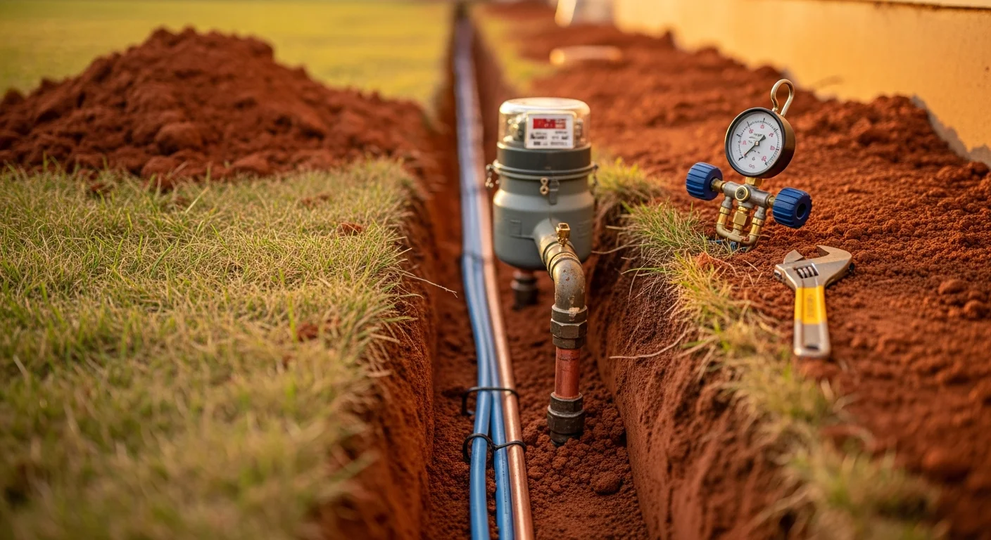 A licensed plumber connecting a new underground potable water line to a residential meter box in a Tulsa front yard. Fresh pipe runs through clay soil toward the home's foundation entry point.