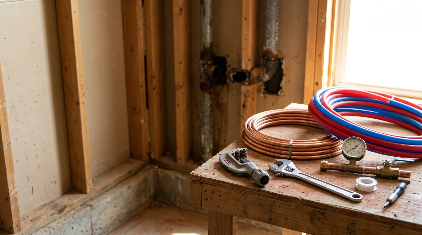 A plumber replacing old corroded galvanized pipes inside the walls of a Tulsa-area home during a professional re-piping service. New supply lines run through an open wall cavity in a residential property in the Tulsa metro.