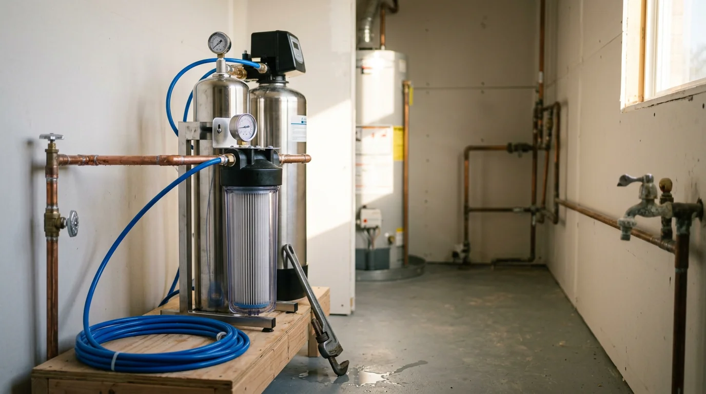 A plumber connecting a whole-house water filtration system to the main water line inside a Tulsa-area home. The installation shows clean pipe fittings and a mounted filtration unit in a utility area.