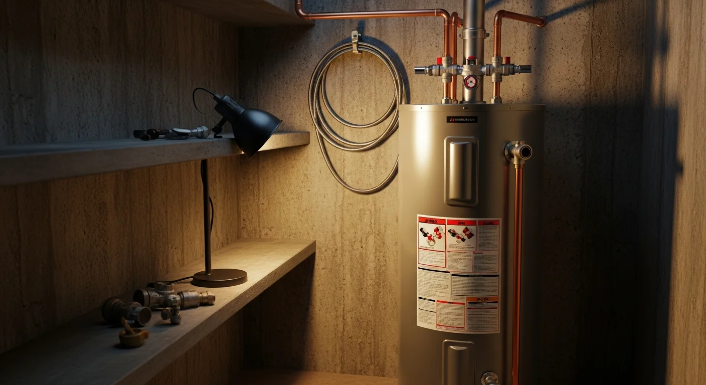 A licensed plumber from King Plumber Tulsa completing a water heater installation in a Tulsa home utility closet, with new tank unit connected to gas line and pressure relief valve in place. The old unit has been removed and the area is clean and code-ready.