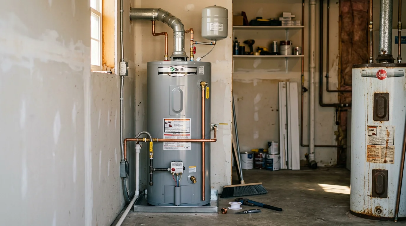 A plumber inspecting a tank water heater in a Tulsa home utility room, checking connections and components during a repair visit.