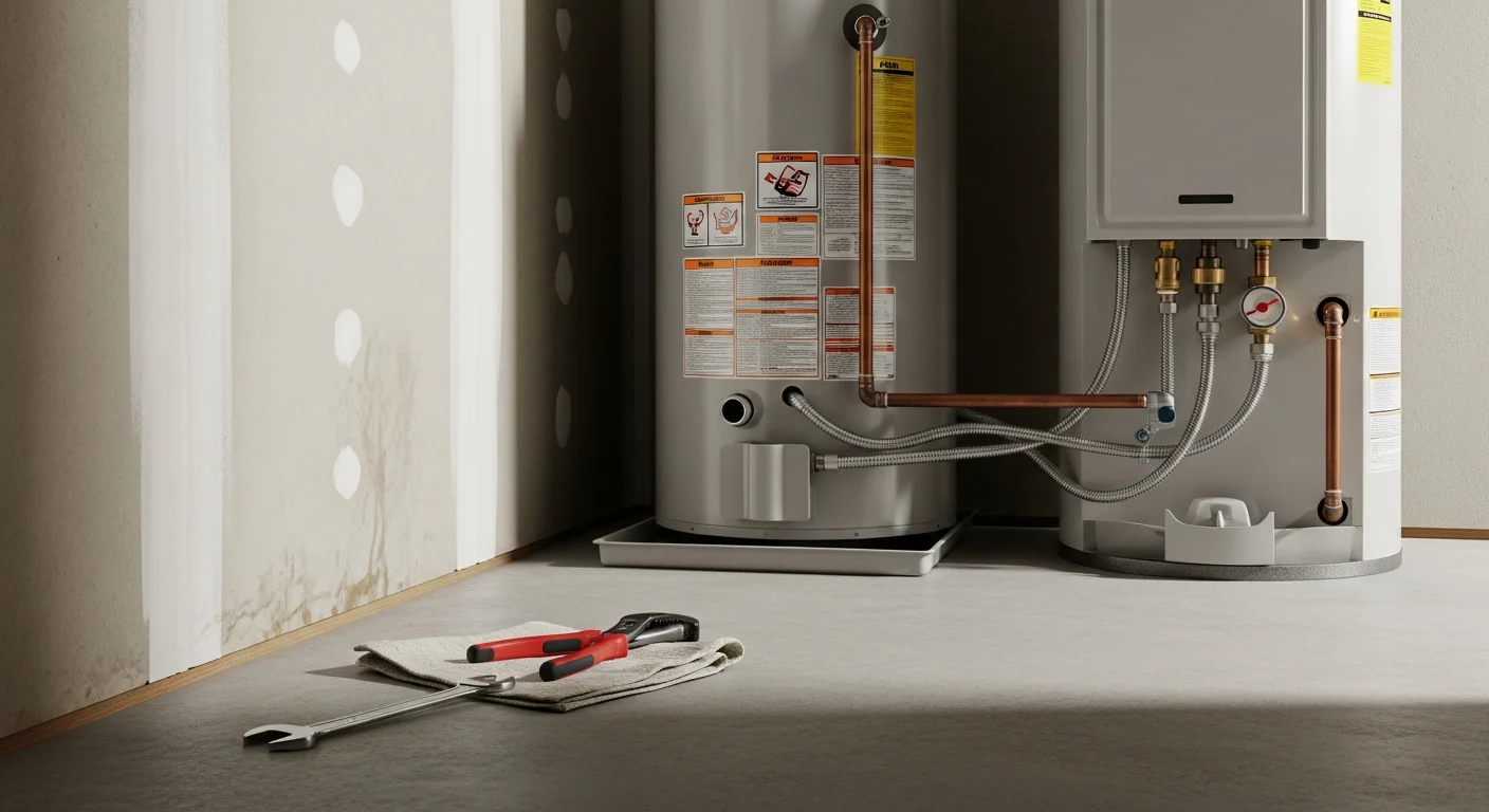 A licensed plumber from King Plumber Tulsa installing a new tank water heater in a residential utility closet, with the old unit staged for removal beside it. The replacement is set up with proper connections and a pressure relief valve in a Tulsa home.