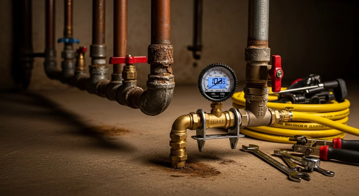 A licensed plumber from King Plumber Tulsa attaches a pressure gauge to an outdoor hose bib on a residential home to measure water supply line pressure. The gauge dial is visible against the exterior wall of a single-story Tulsa home.