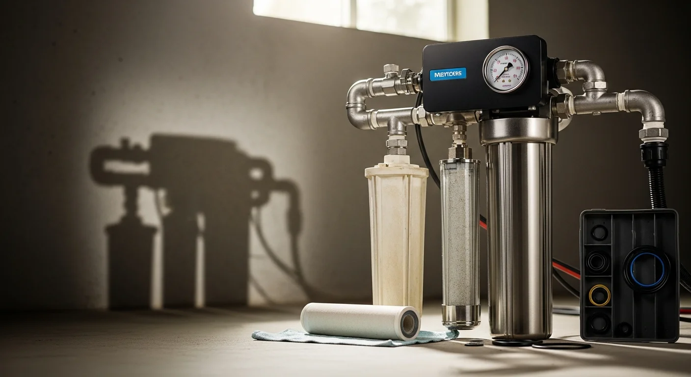A plumber inspecting and replacing filter cartridges inside a whole-house water purification system installed in a Tulsa home utility room. The system shows multiple filter housings and supply line connections typical of residential water treatment setups.