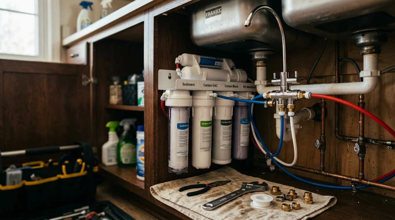 A plumber installing a whole-house water filtration system under a kitchen sink in a Tulsa home. The image shows the purification unit connected to the home's supply lines with clean, professional pipe work.
