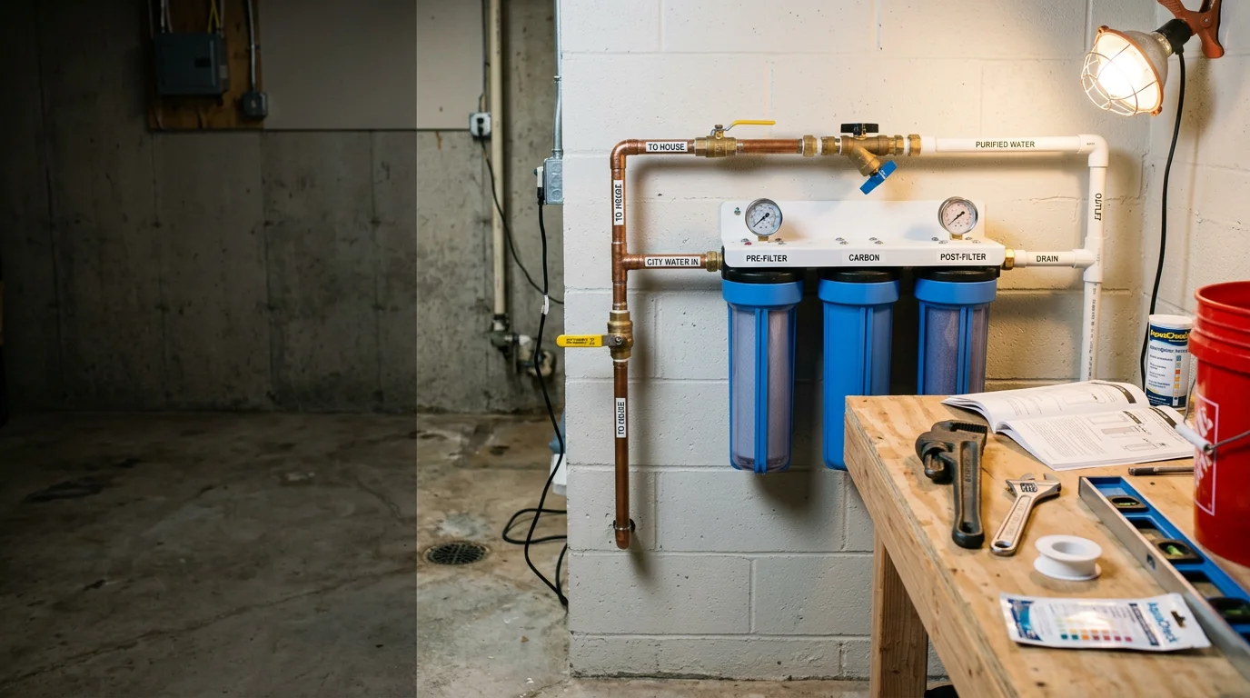 A whole-home water purification system installed in a Tulsa residential utility room, showing clean pipe connections and a filter housing mounted to the wall near the main water line.