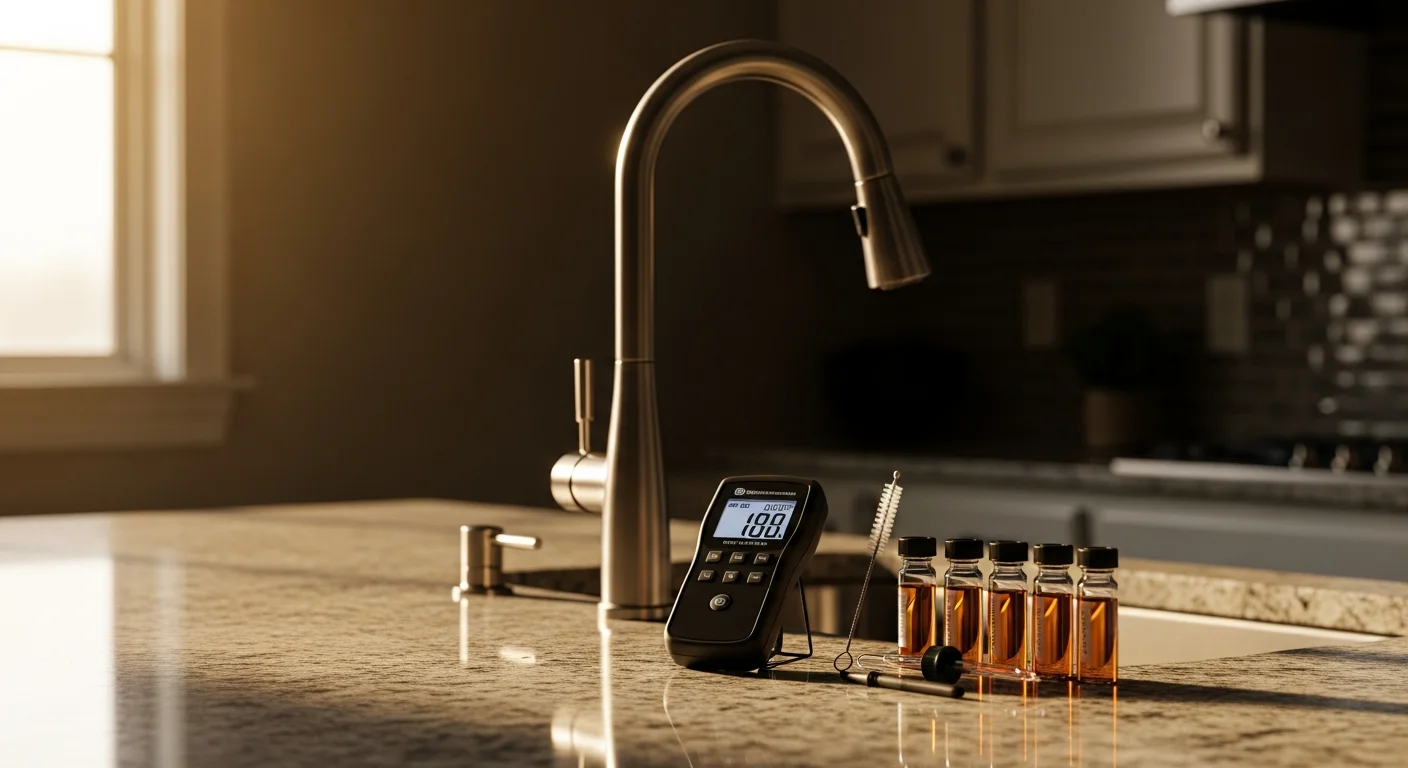 A plumber collecting a water sample from a kitchen tap in a Tulsa home for quality testing. A water testing kit and results sheet are visible on the counter beside the sink.